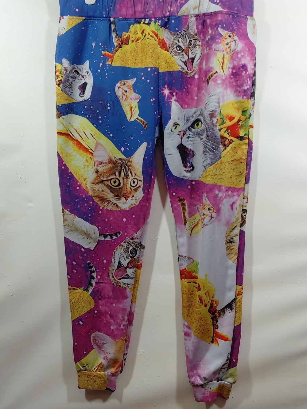 Pink and Blue Novelty Cat & Taco Print Pockets Joggers Lounge Pants XL